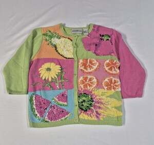 Vtg 90s Sharon Young Patchwork Novelty Cardigan Sweater Beaded Fruit Watermelon